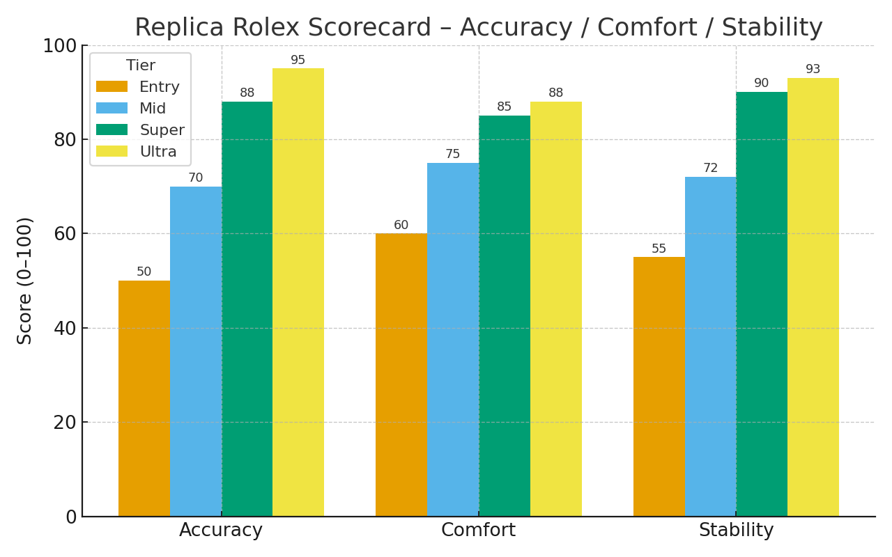 Scorecard bar chart showing Entry, Mid, Super, Ultra Replica Rolex tiers across accuracy, comfort, stability