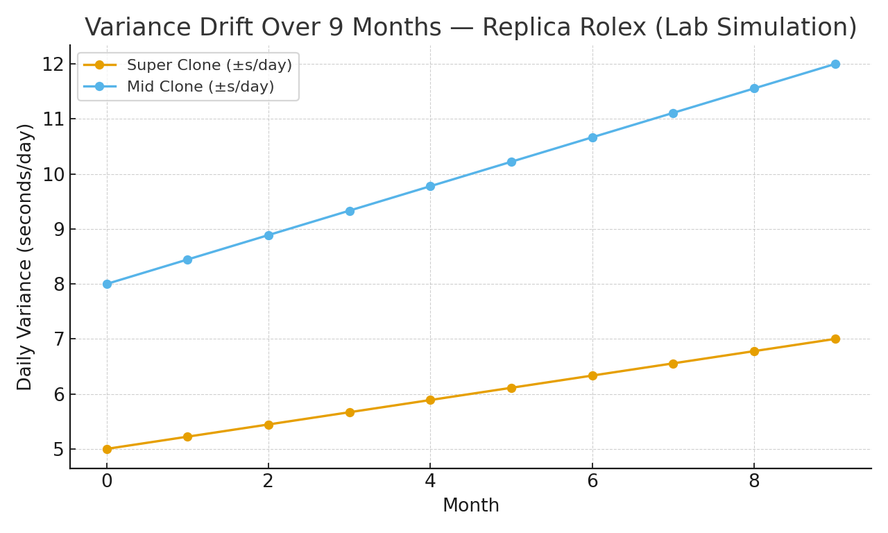 Line chart showing variance drift over 9 months: Super Clone from ±5 to ±7 s/day, Mid Clone from ±8 to ±12 s/day