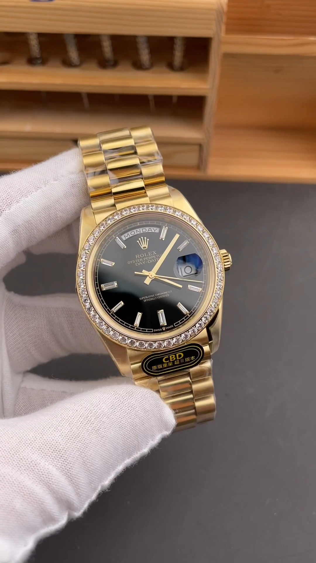 Rolex Day-Date 228348RBR 0039 Black Diamond Dial Diamond Bezel 40mm Mens Replica Watch