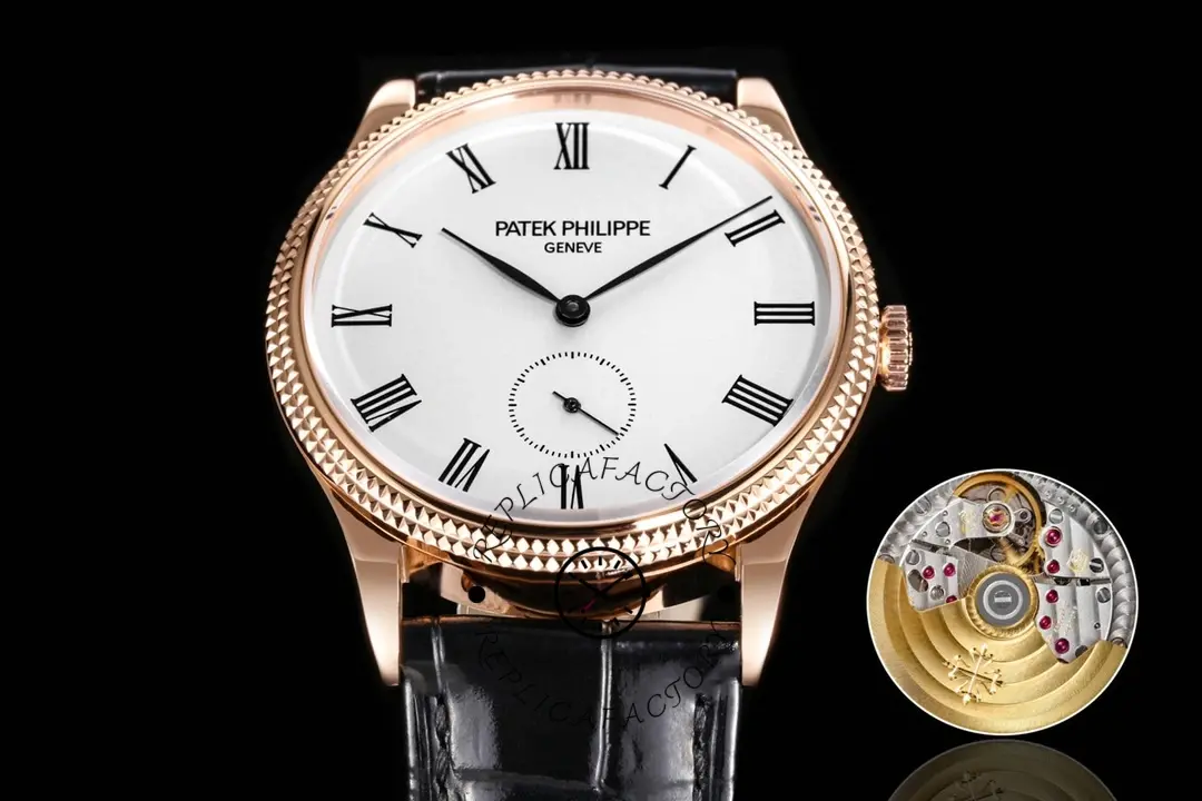 Close-up of the Patek Philippe Calatrava 5119R, showcasing the rose gold case and dial details.