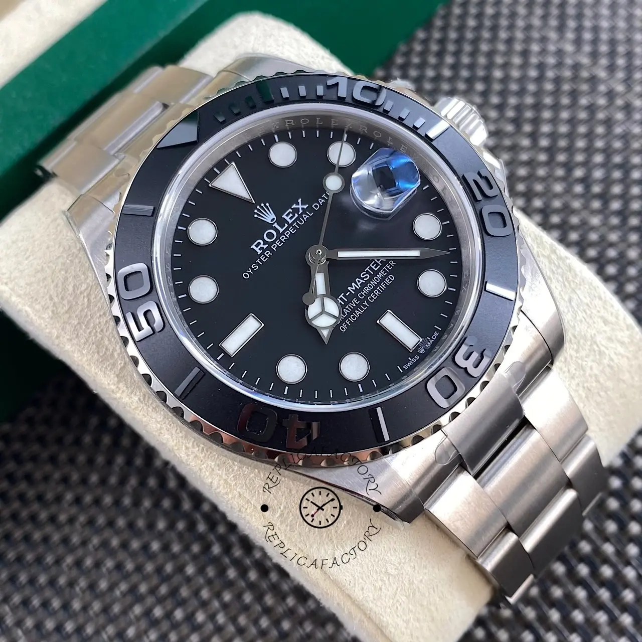 Close front view of Rolex Yacht-Master 226627-0001 showing black dial and raised bezel markers.