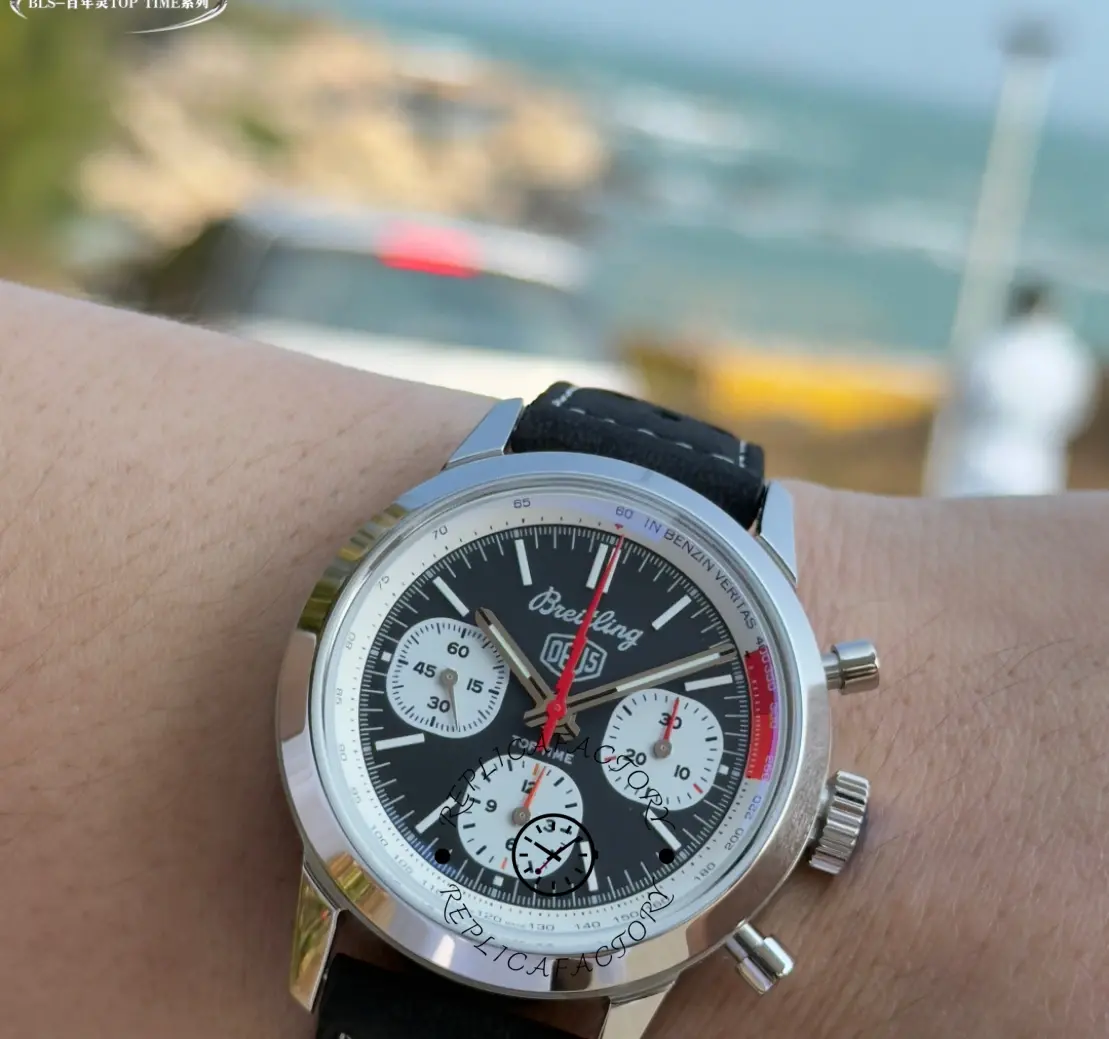 Breitling Top Time B01 Deus Chronograph AB01765A1B1X1, wrist close-up with chrono pushers visible.