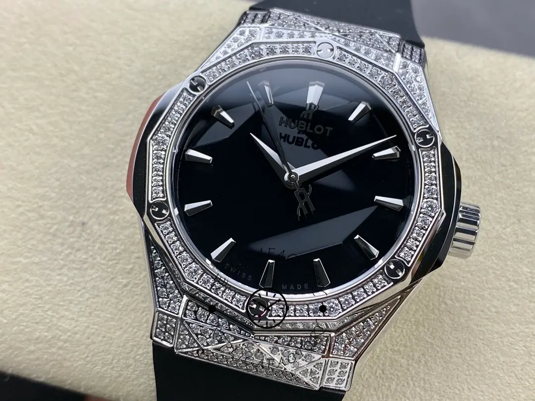 Angled close-up of Hublot Classic Fusion 550.NS.1800.RX.1604.ORL19 showing case facets and bezel setting.