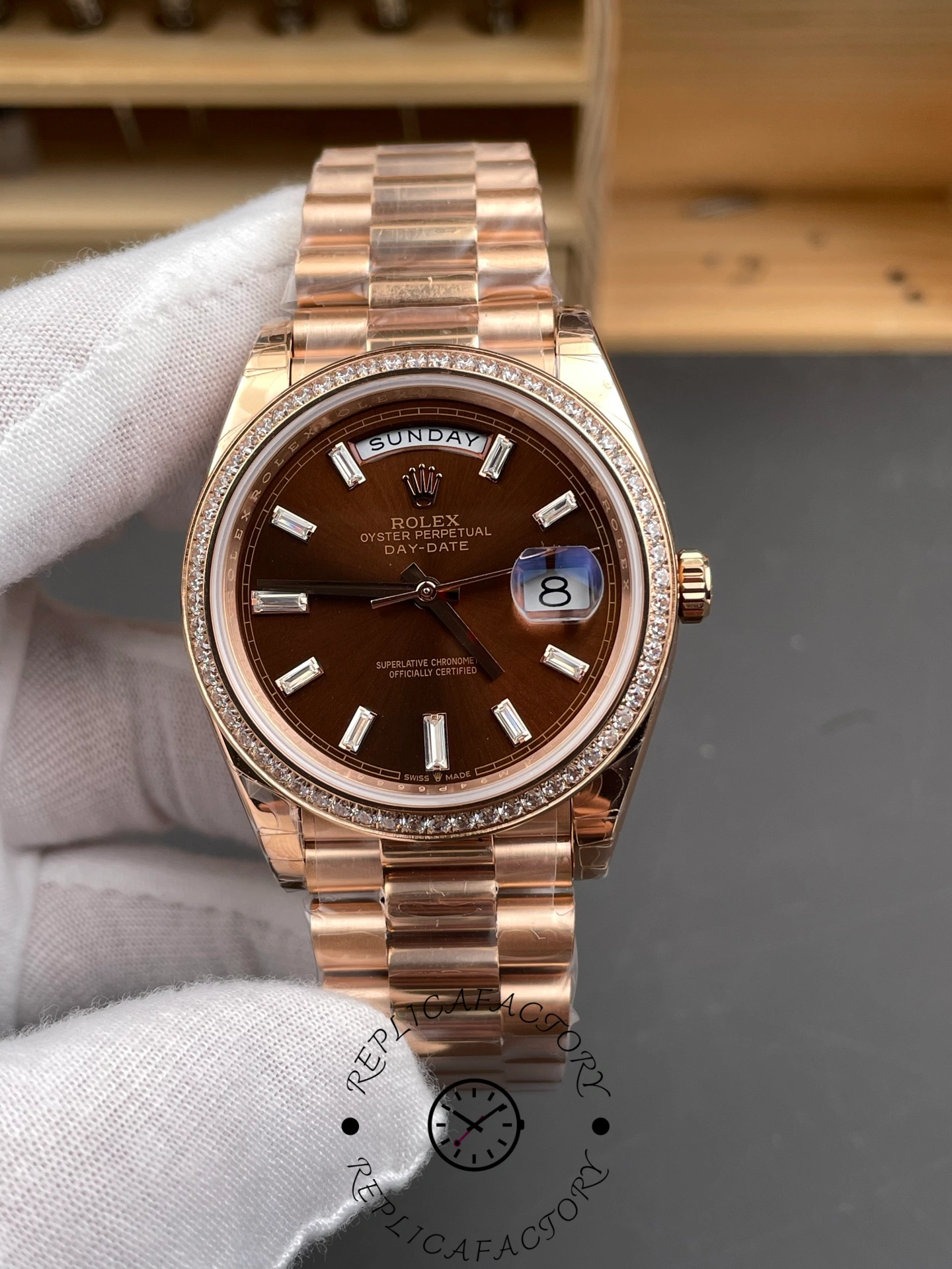 Rolex Day-Date 228345RBR Chocolate Brown Diamond Dial Diamond Bezel 40mm Mens Replica Watch