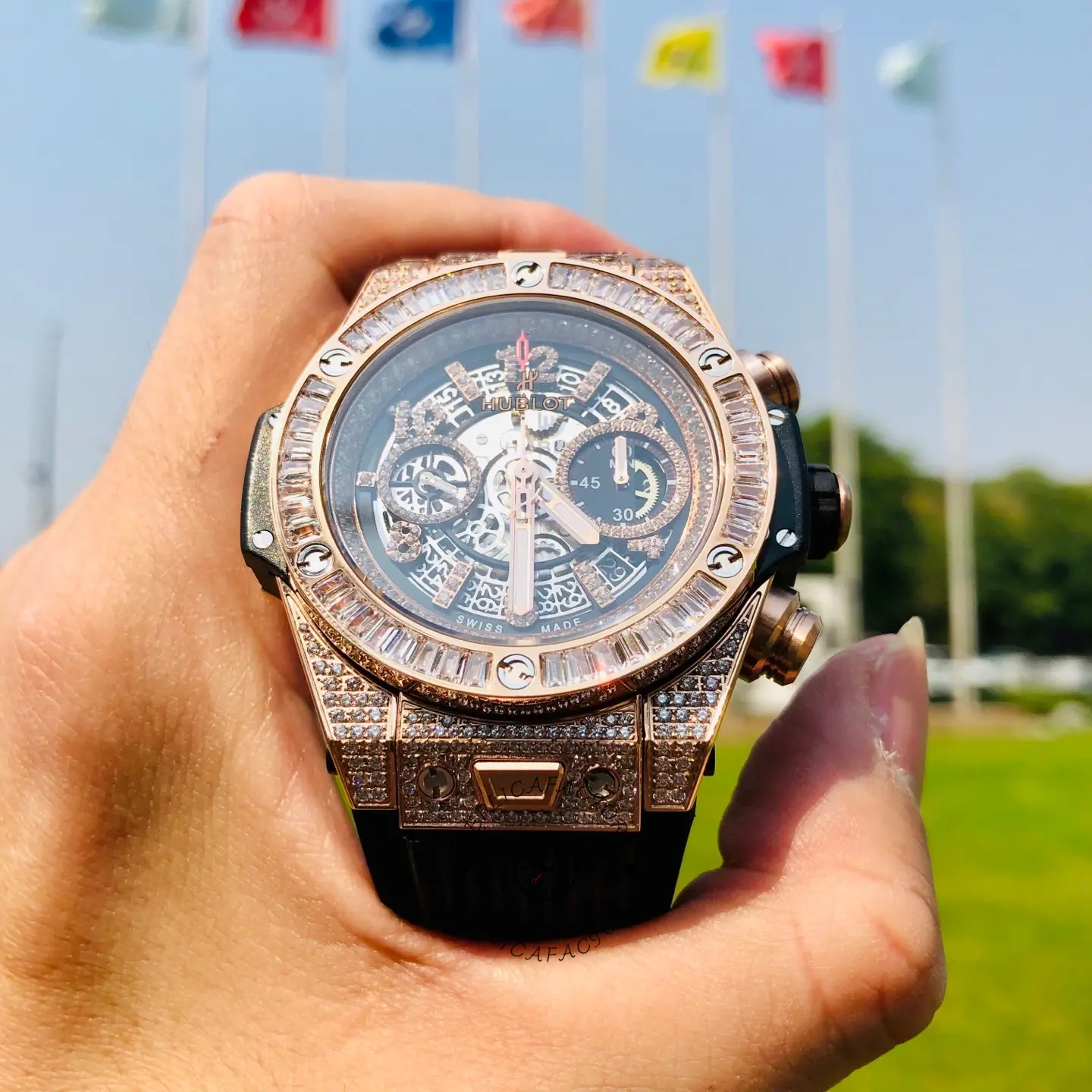 Front close-up of Hublot 421.OX.1180.RX.0904 focusing on the skeleton dial, chrono subdials, and rose gold-tone hands.
