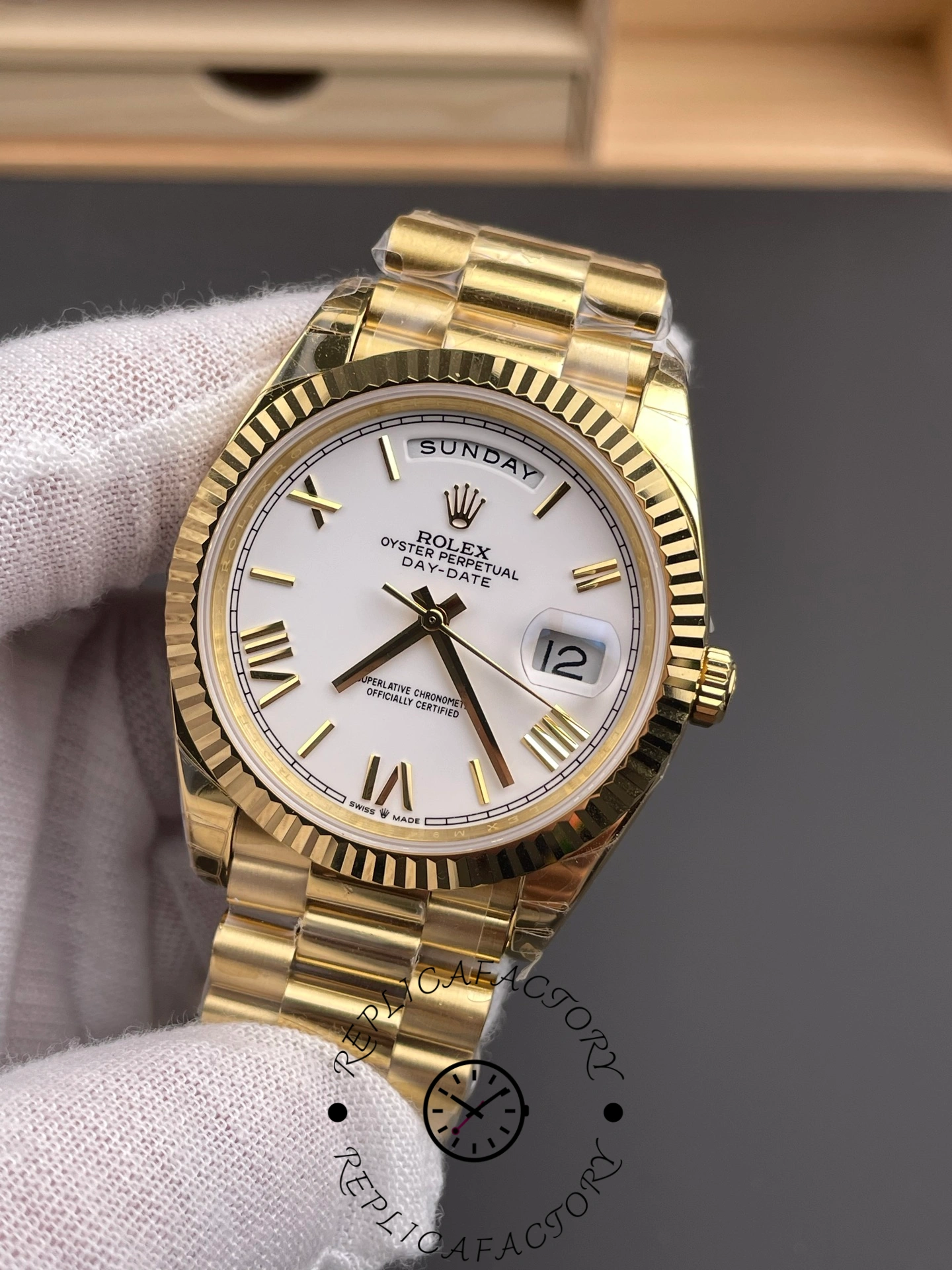 Rolex Day-Date 128238 Fluted Bezel White Roman Dial 36MM Replica Watch