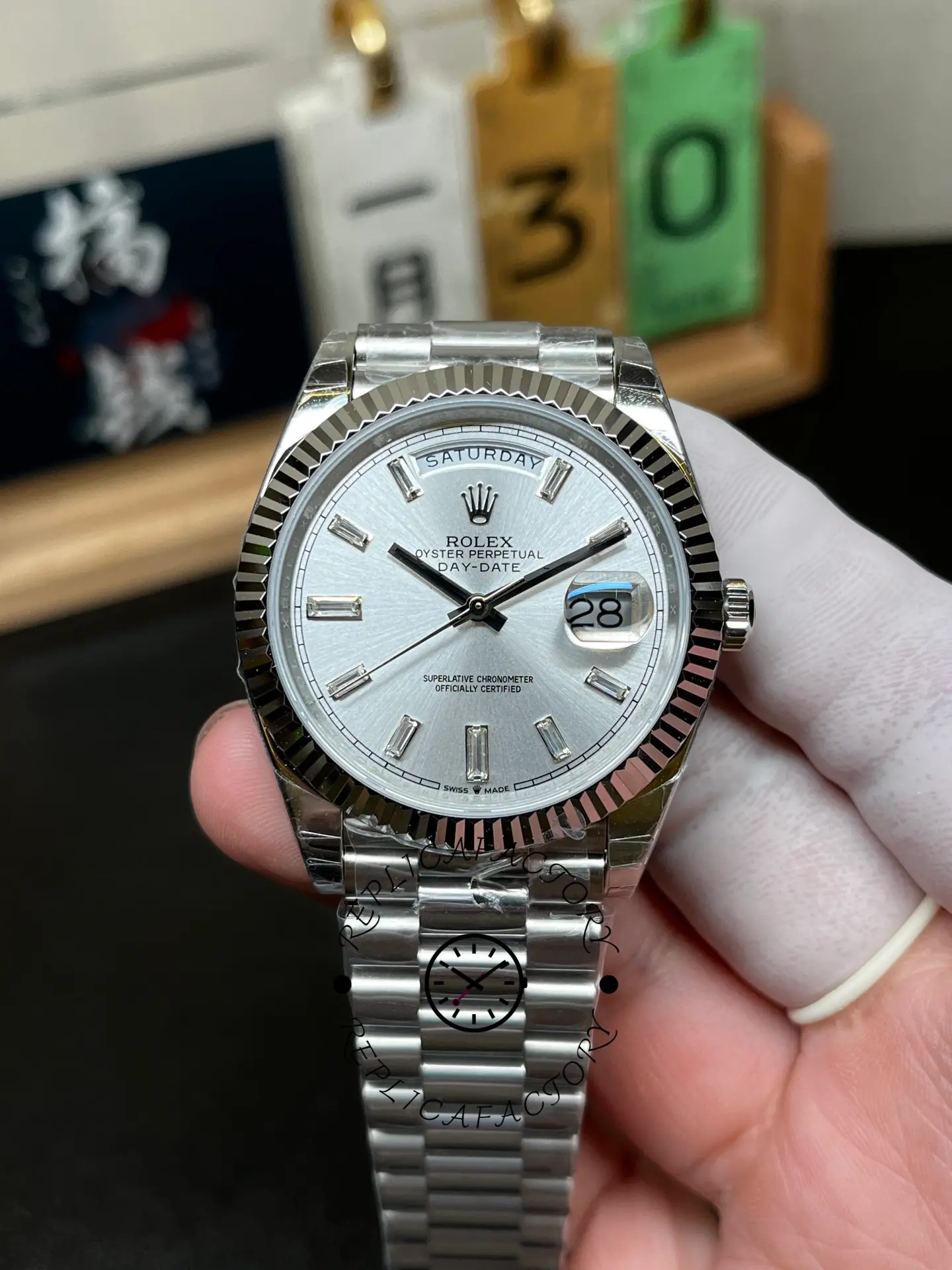 Rolex Day-Date 228239 Silver Baguette Diamond Dial Fluted Bezel 40mm Mens Replica Watch