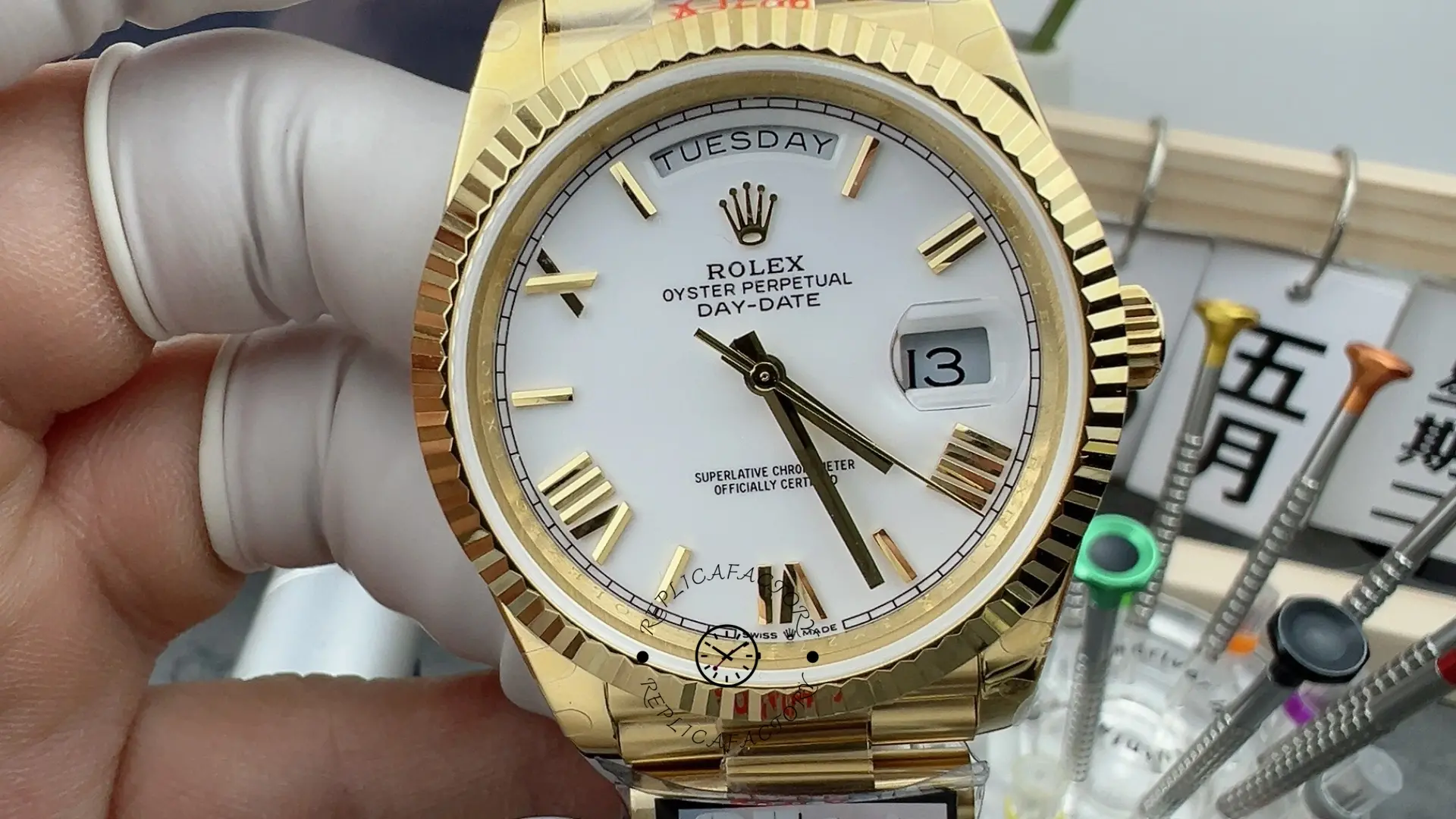 Rolex Day-Date 228238 White Roman Dial Fluted Bezel 40mm Mens Replica Watch