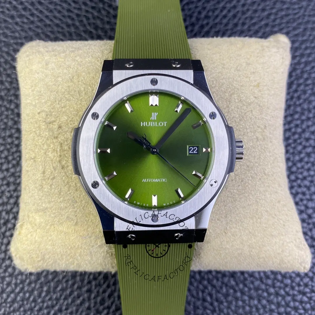 Green dial Hublot Classic Fusion 511.CO.1181.RX on cushion, full front view.