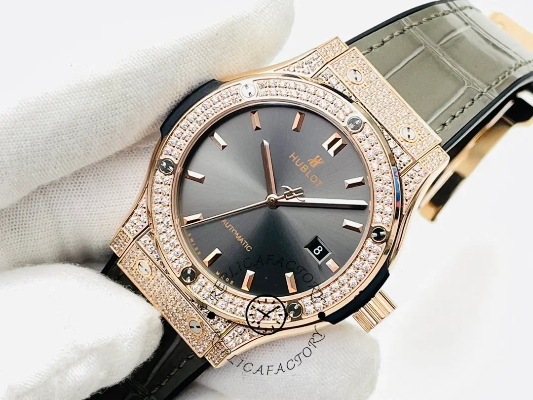 Hublot Classic Fusion 542.OX.1181.LR.1704 angled grey dial shot, case finish and bezel screws.