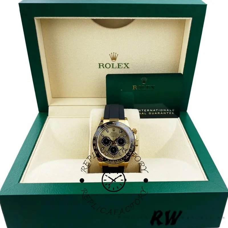 Presentation box image of Rolex Daytona 116518LN displayed inside a green watch box.