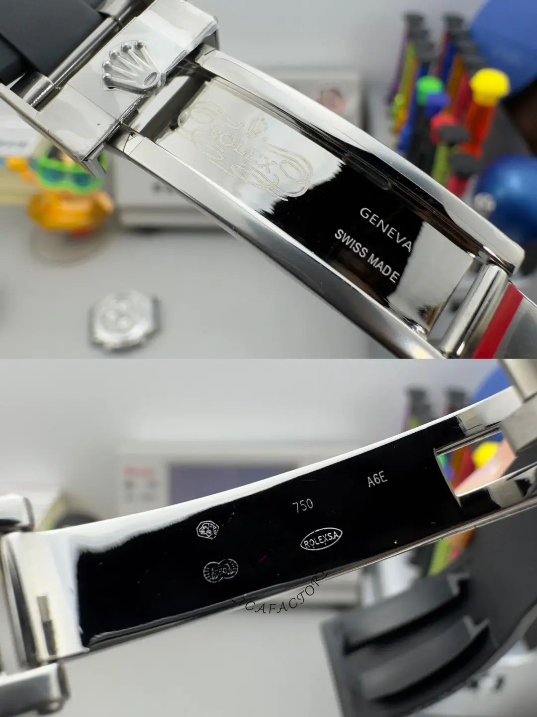 Clasp interior detail of Rolex Daytona 116519 showing polished clasp engravings and markings.