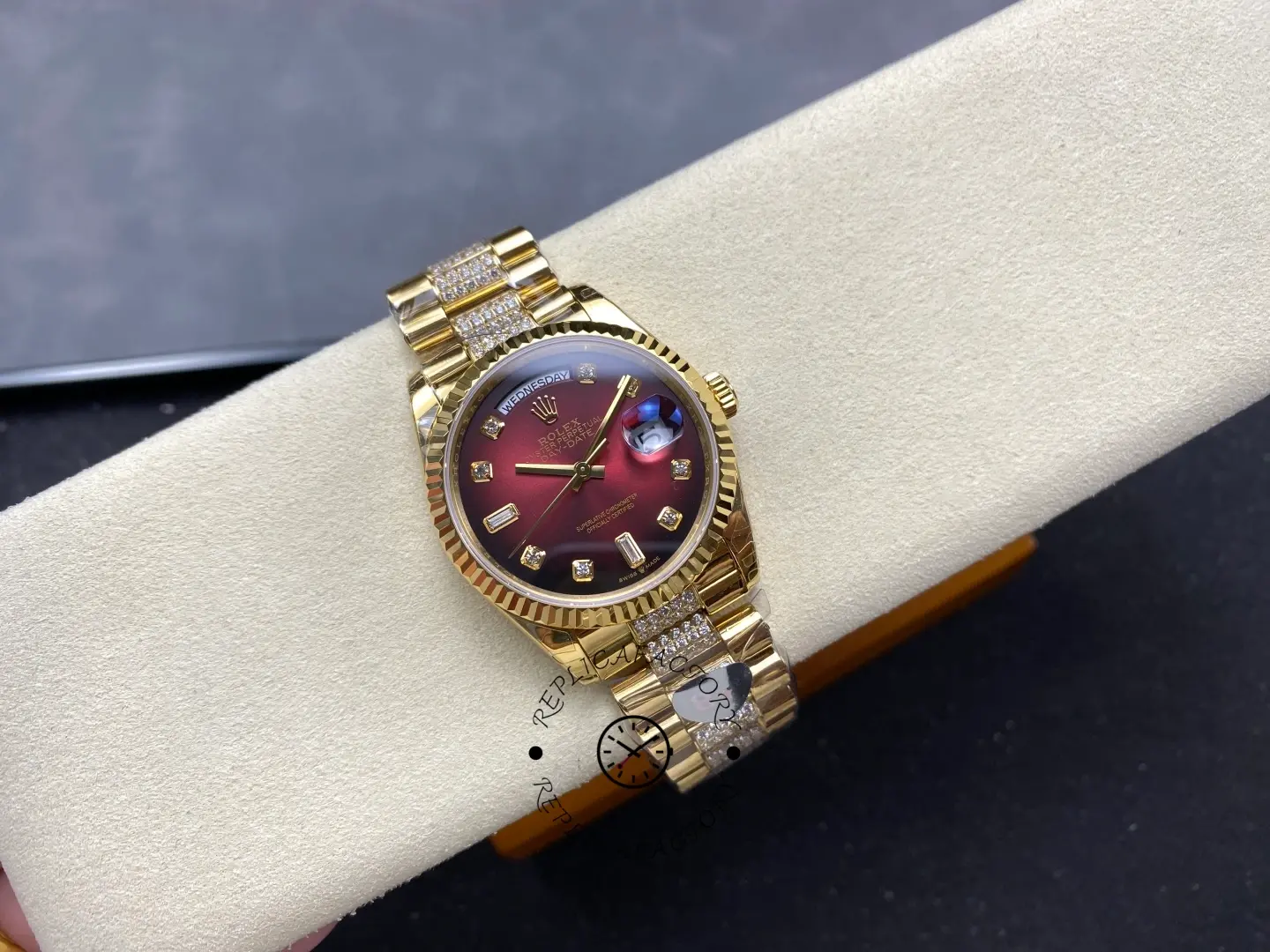 Rolex Day-Date Dark Red Dial Replica 128238 Women's Gold Watch