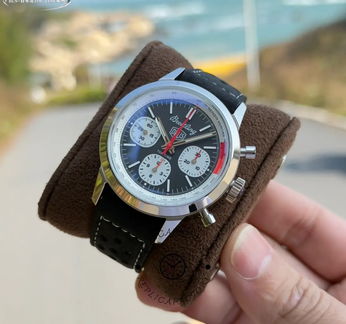 Breitling Top Time B01 Deus Chronograph AB01765A1B1X1, cushion shot showing dial and black strap.