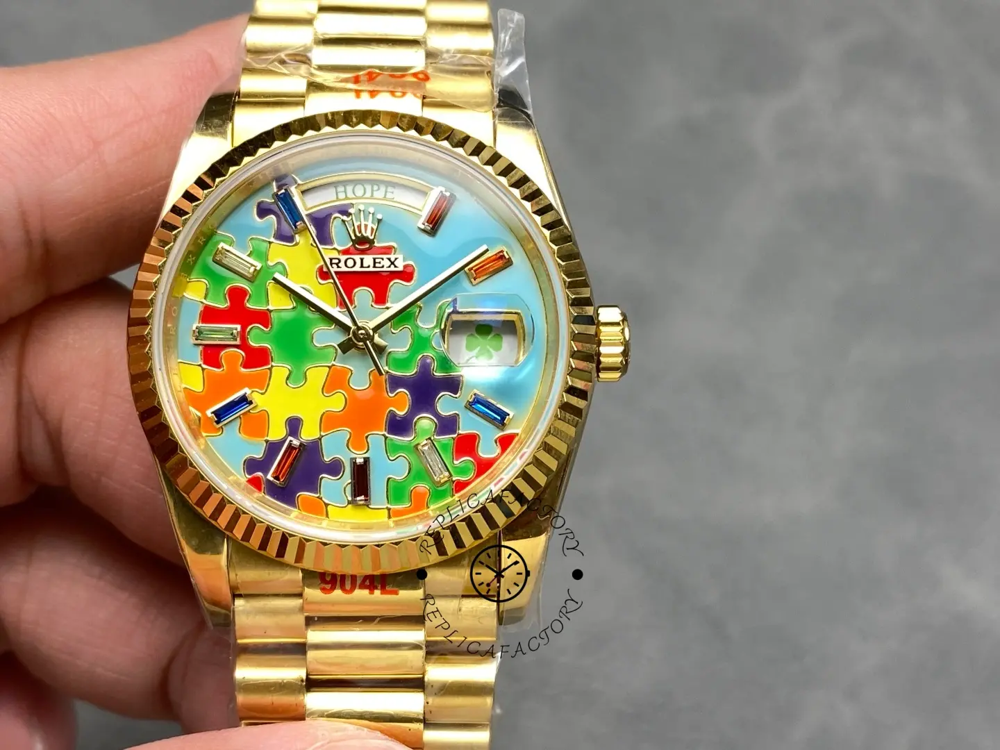 Rolex Day Date 128238-0106 36mm Yellow Gold Fluted Bezel Emoji Puzzle Dial