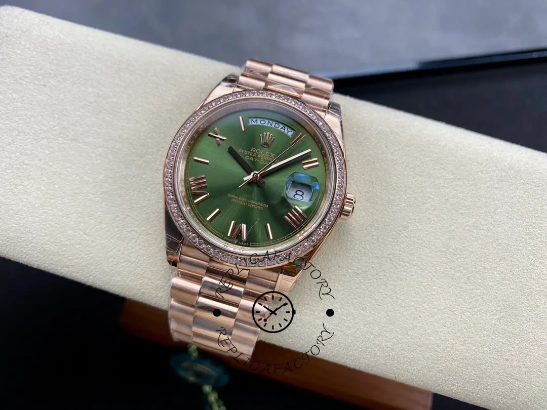 Rolex Day-Date 228345RBR 0011 Olive Green Roman Dial Diamond Bezel 40mm Mens Replica Watch