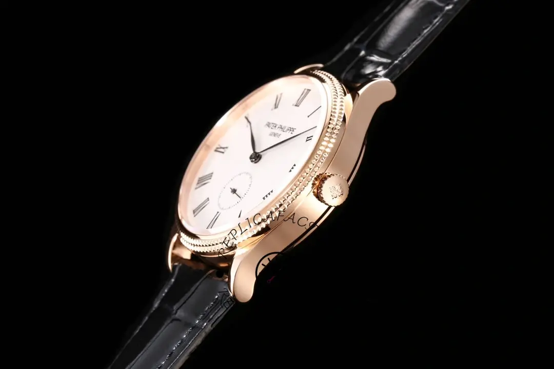 Profile view of the Patek Philippe Calatrava 5119R showing the crown and curved case flank.