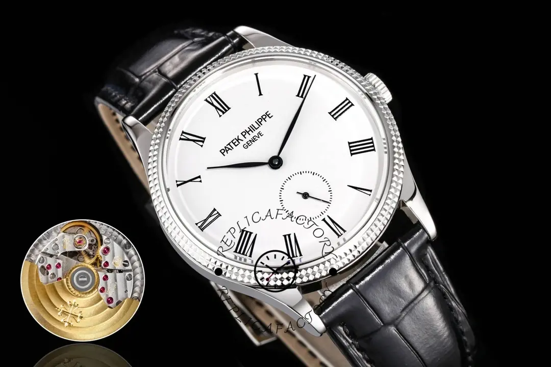 Angled close-up of the Patek Philippe 5119G-001, polished white gold case and slim dress profile.