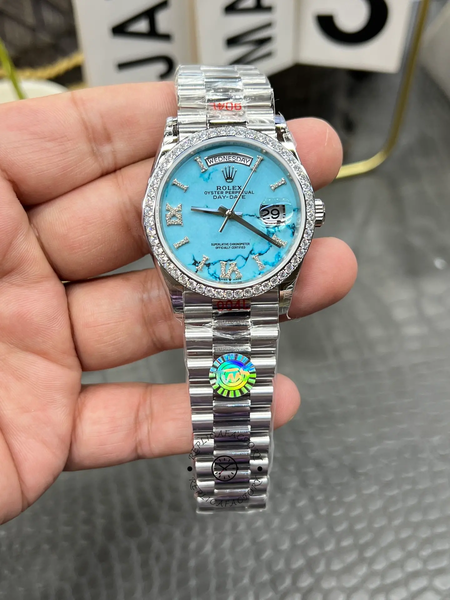 Rolex Day Date 36 Platinum Turquoise Diamond-Set Roman Dial Diamond Bezel m128396tbr 0016