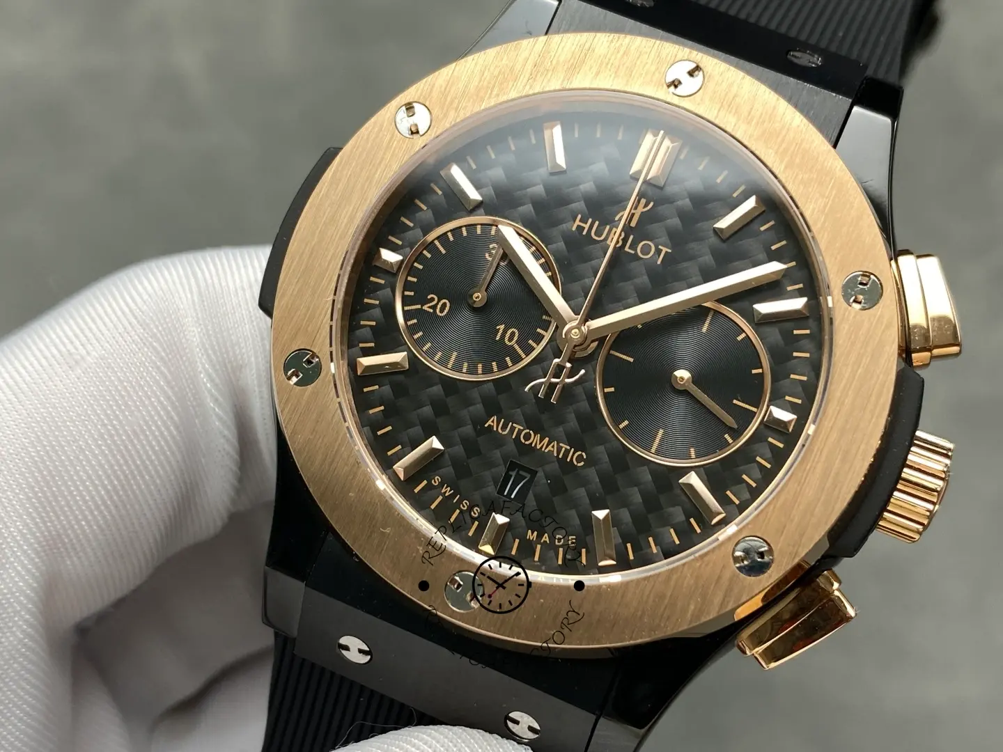 Three-quarter close-up of Hublot Classic Fusion 521.CO.1781.RX showing chronograph subdials and bezel.