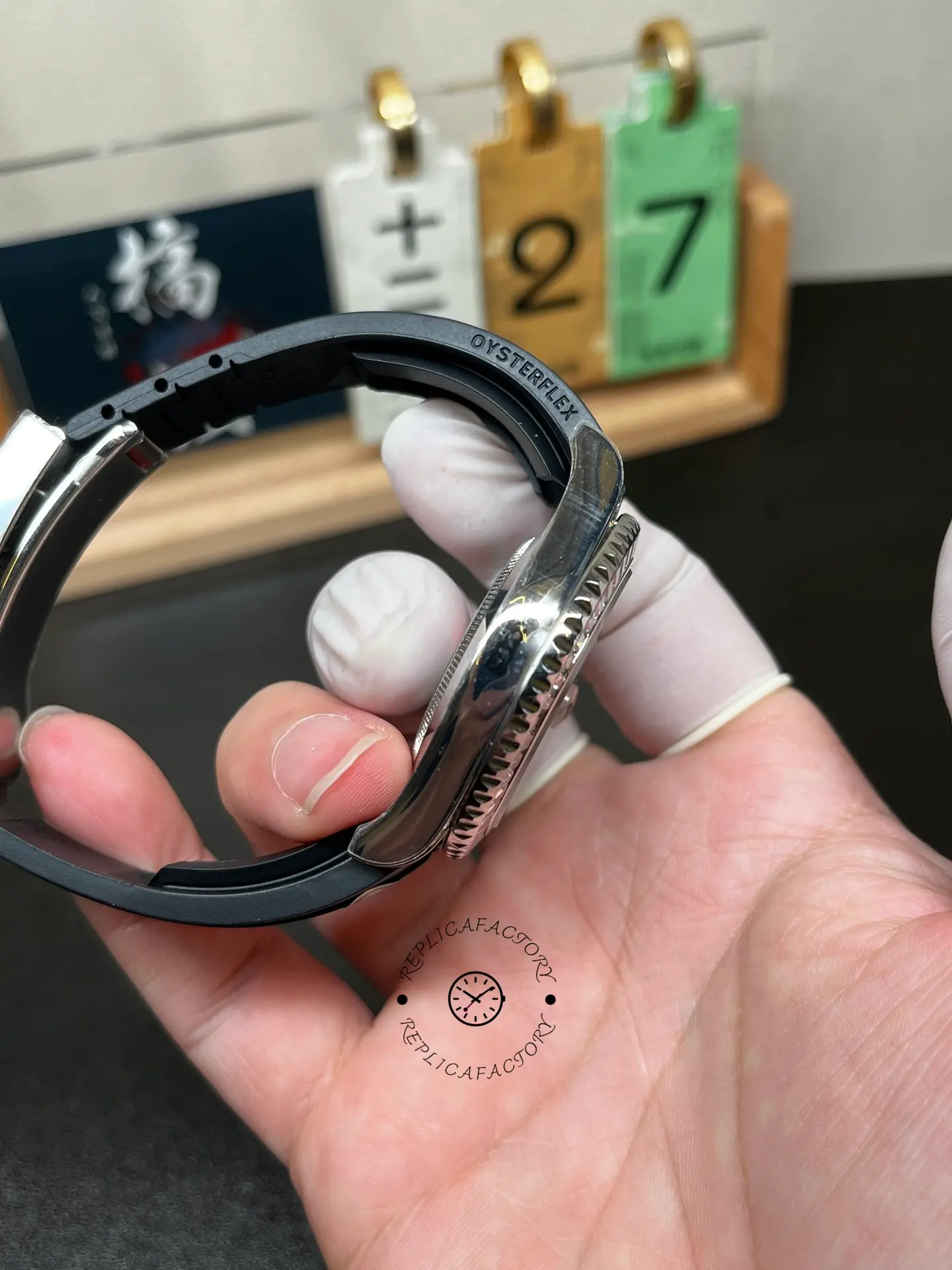 Side profile of Rolex Yacht-Master 42 226679TBR showing the case side, bezel teeth and Oysterflex strap.