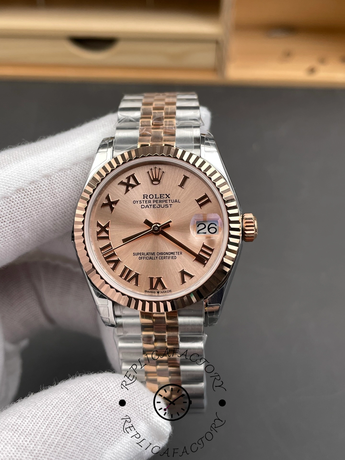 Rolex Datejust 278271 Sun Dust Roman Dial Two Tone Rose Gold Fluted Bezel Jubilee