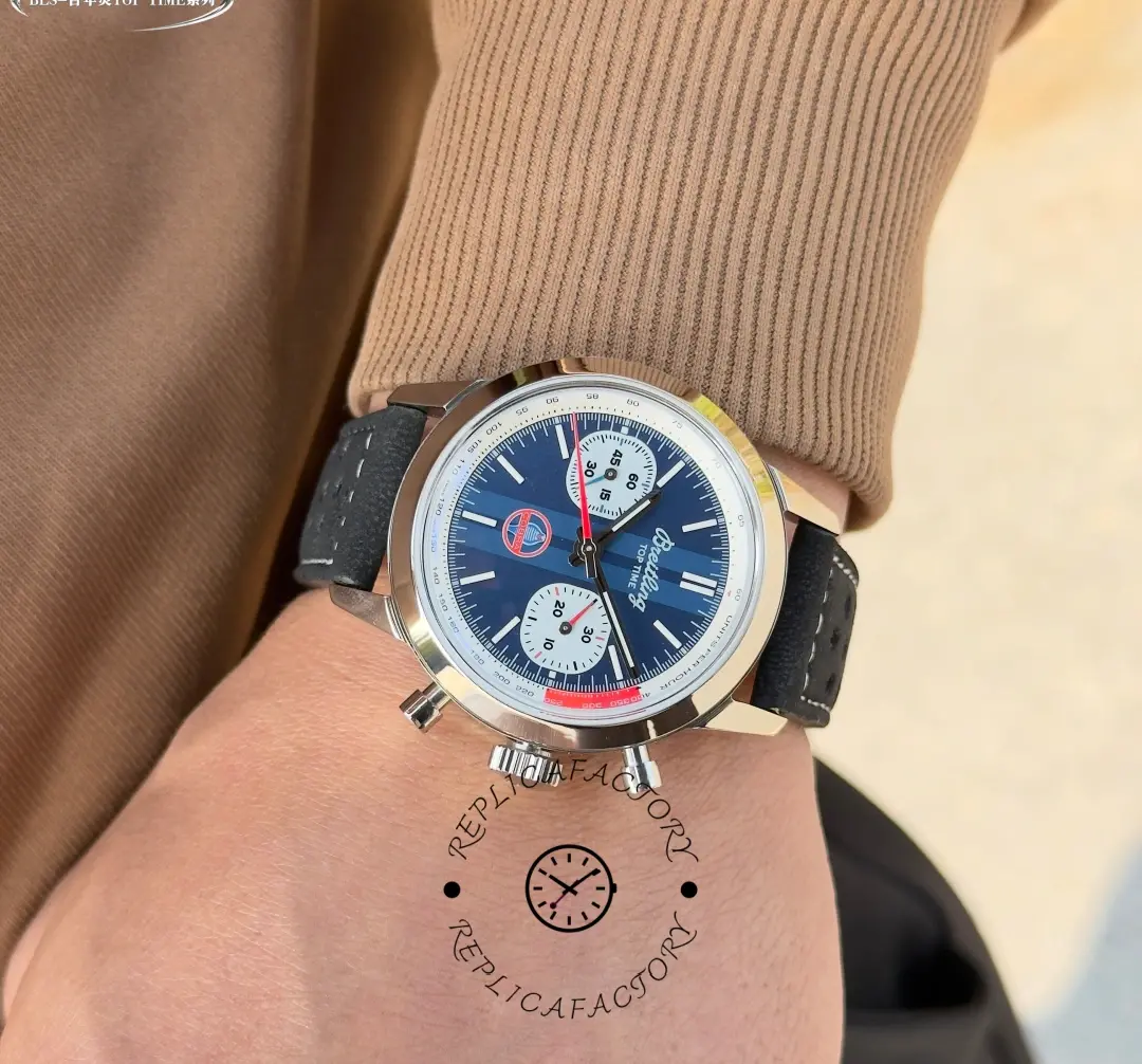 Breitling Top Time B01 Shelby Cobra AB01763A1C1X1, wrist shot with sleeve showing compact sport profile.