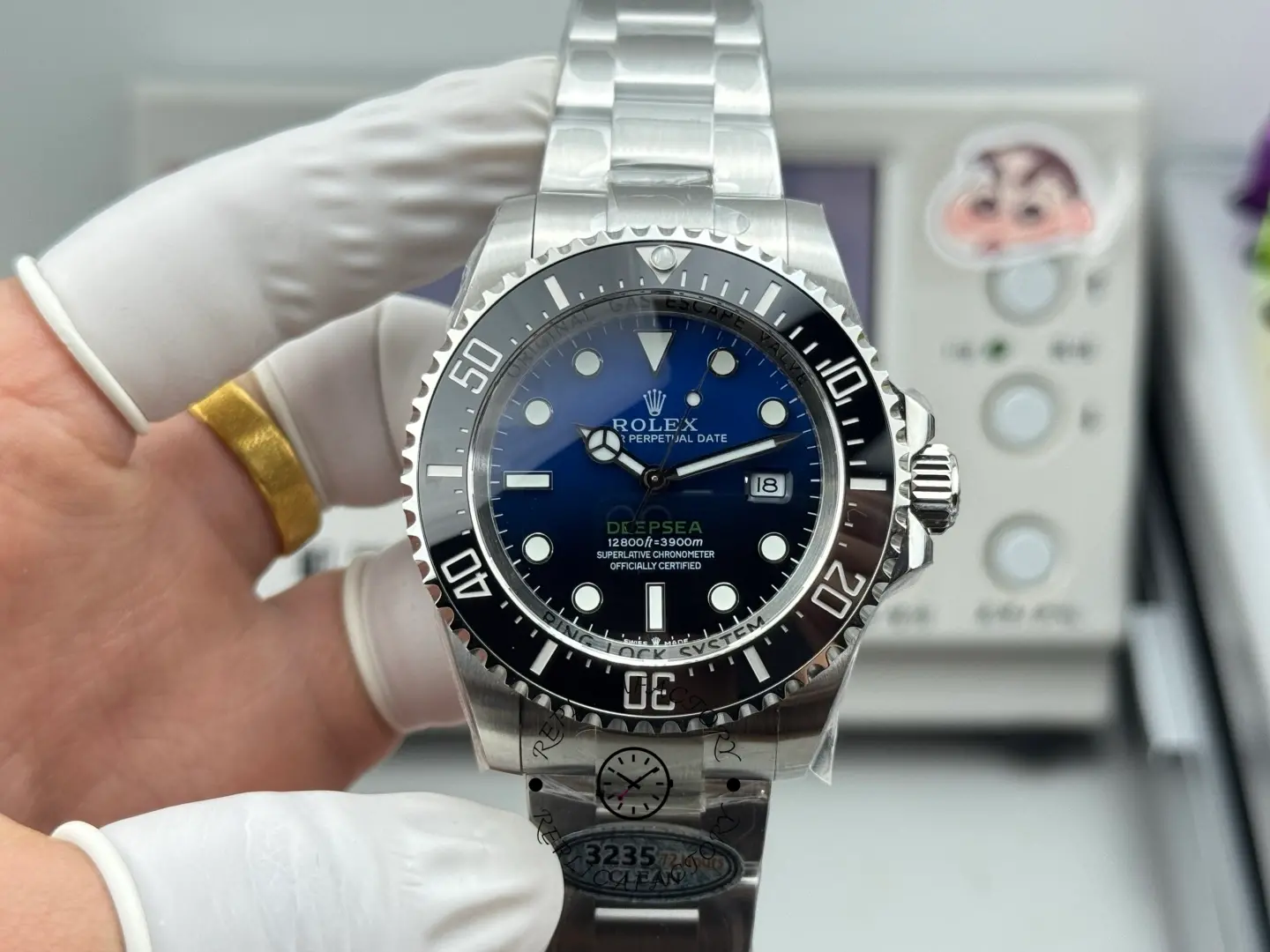 Front view of Rolex Sea-Dweller Deepsea 116660 with D-Blue gradient dial, date at 3 o’clock, and black bezel.