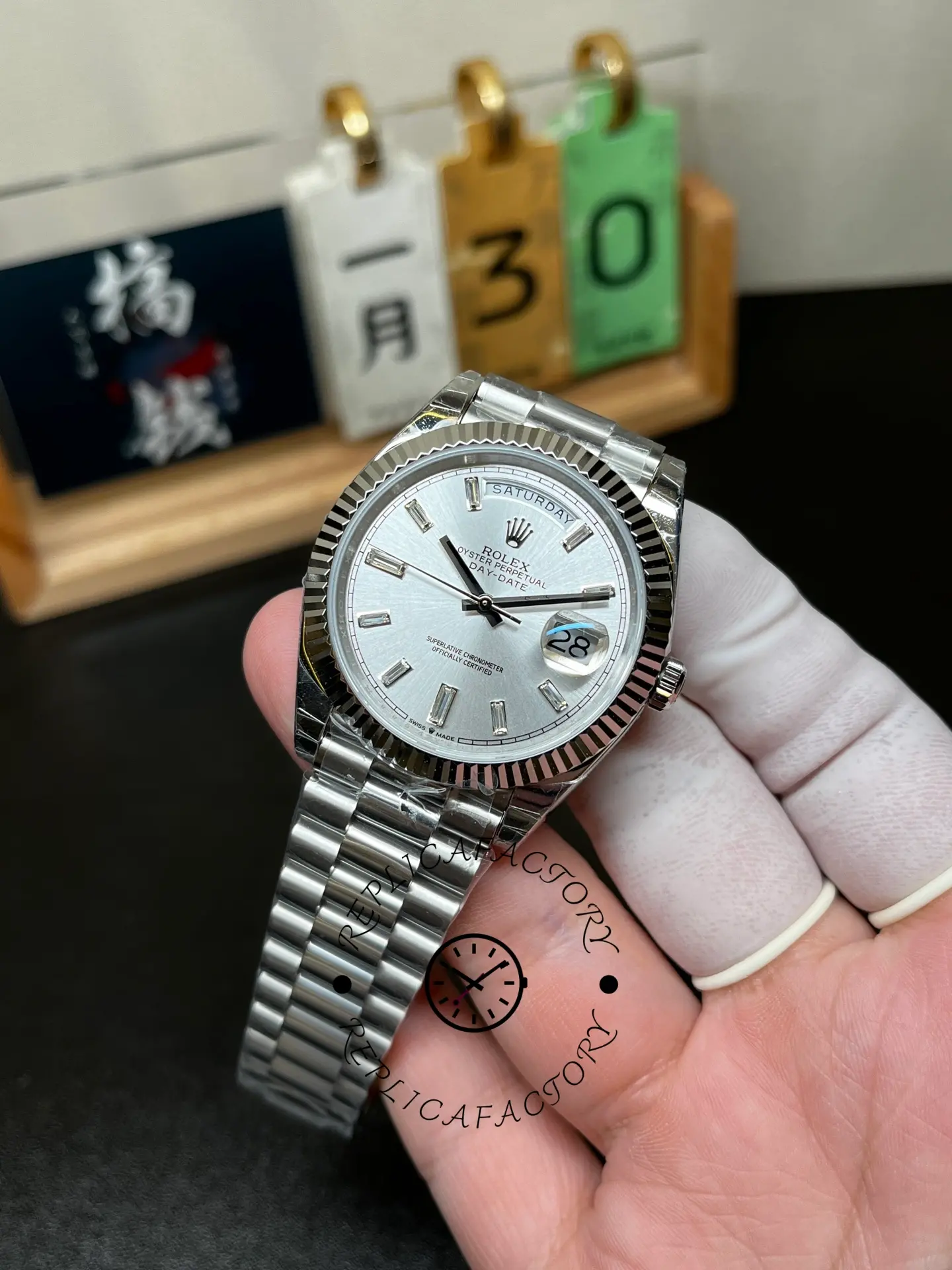 Rolex Day-Date 228239 Silver Baguette Diamond Dial Fluted Bezel 40mm Mens Replica Watch