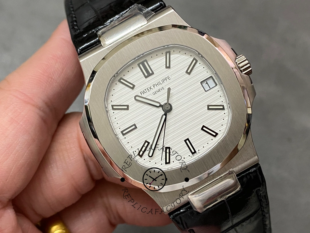 Angled view of the Patek Philippe Nautilus 5711/1A, highlighting the rounded octagonal bezel.