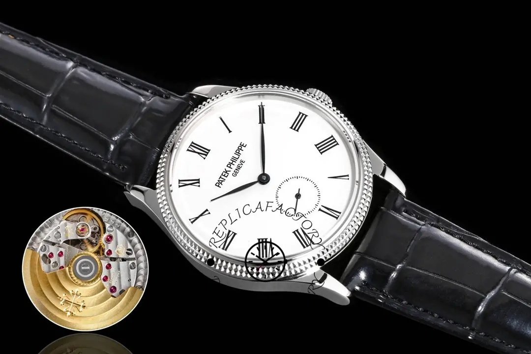 Watch angled on strap, Patek Philippe 5119G-001 showing clean dial layout and polished bezel.