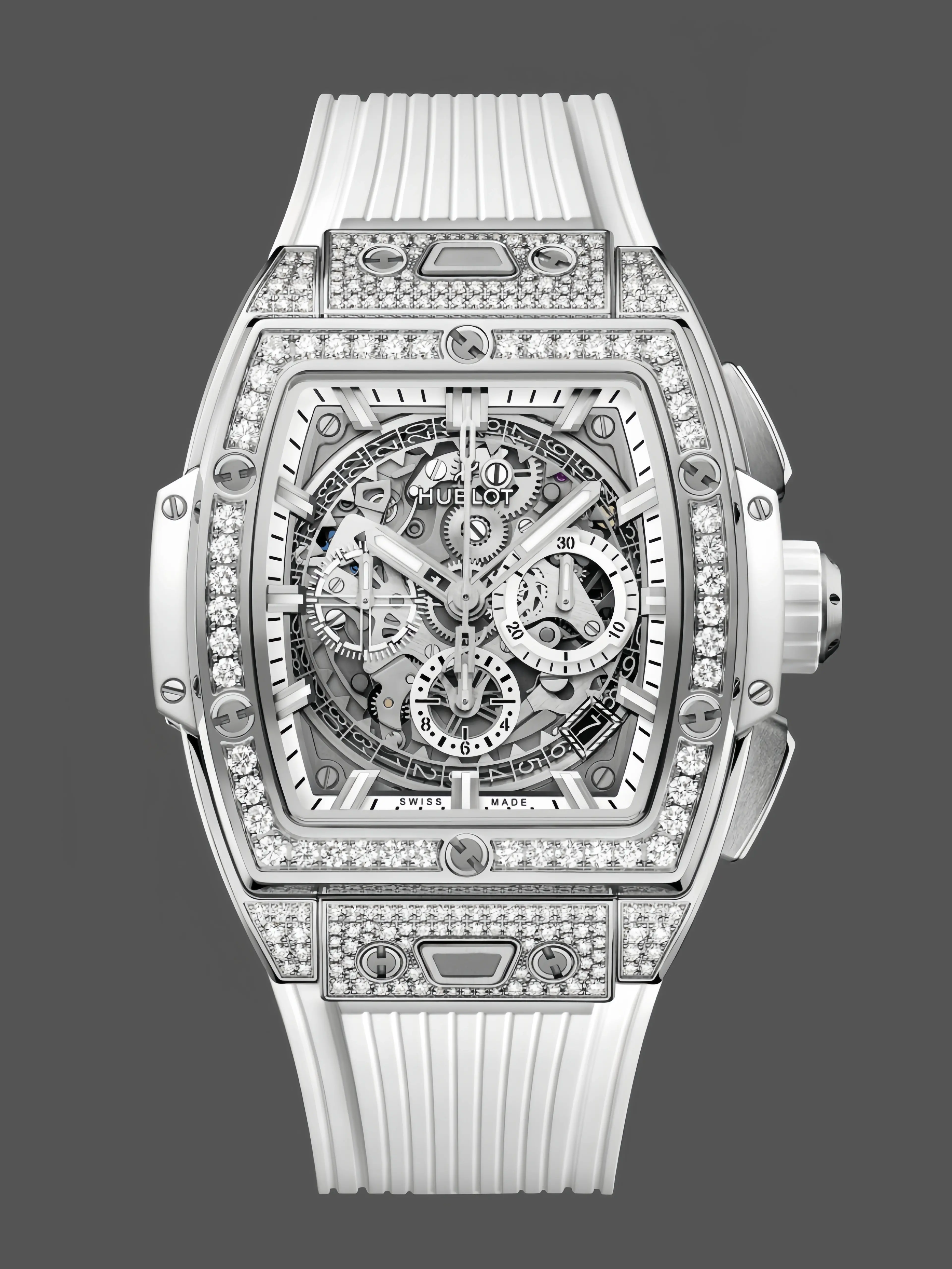 Front view of Hublot Spirit of Big Bang 642.NE.2010.RW.1604 with full diamond case, skeleton dial and white strap. - Front view