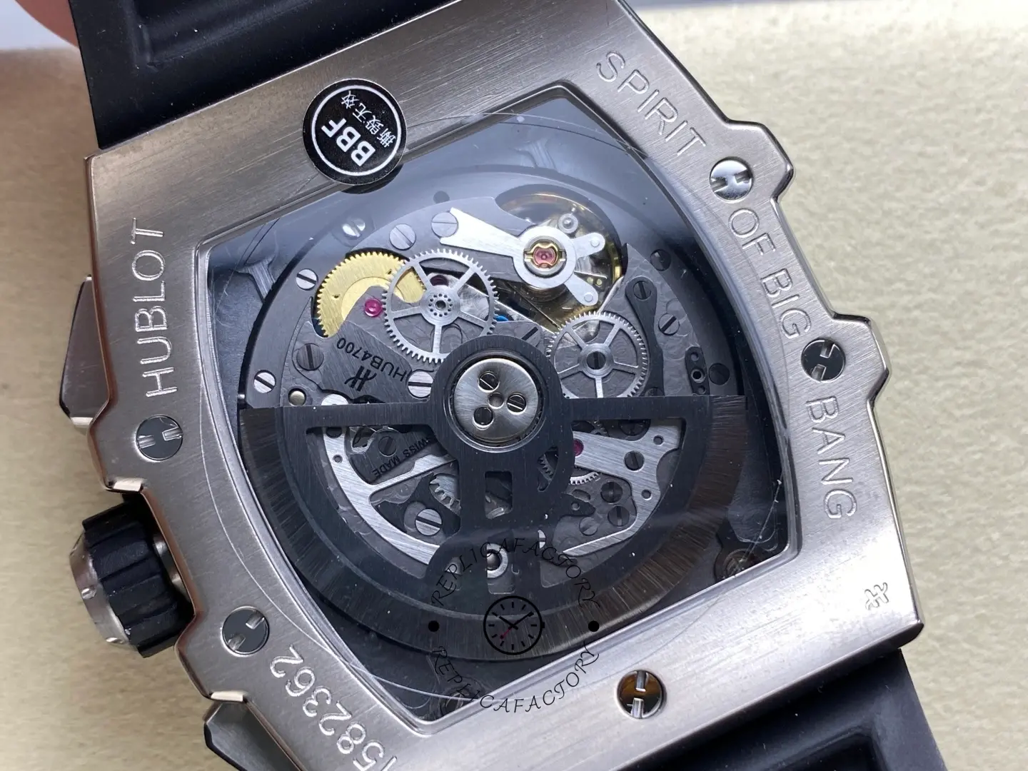 Caseback view of Hublot Spirit of Big Bang 642.NX.0170.RX showing exhibition back and movement.