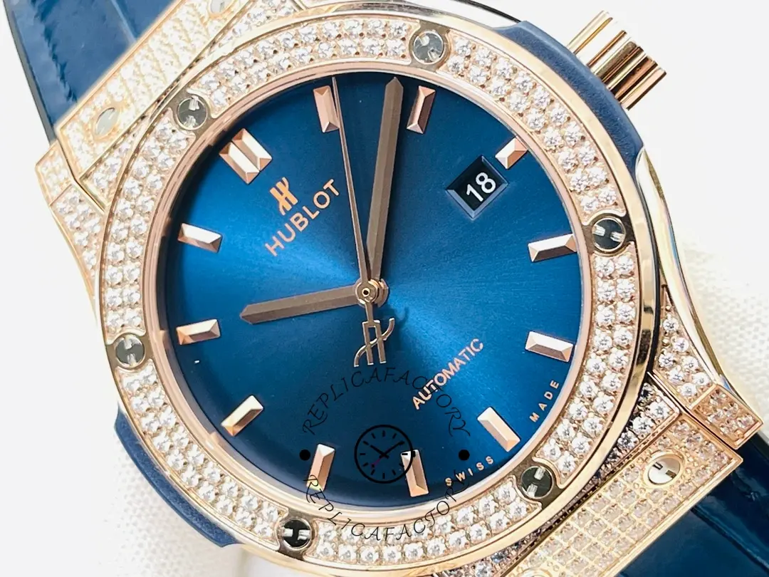 Hublot Classic Fusion 542.OX.1181.LR.1704 blue dial close-up, sunburst tone and diamond bezel.