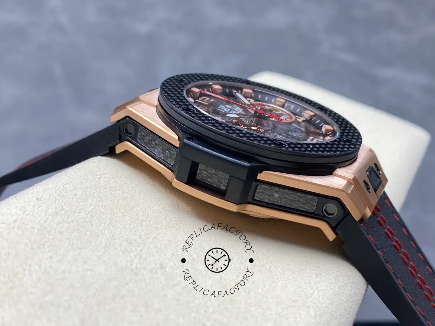 Side profile of Hublot Big Bang Unico Ferrari 401.OX.0123.VR showing case thickness and pushers.