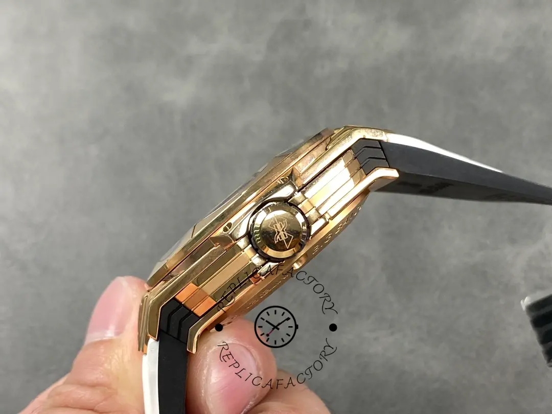 Crown close-up of Hublot 418.OX.2001.RX.MXM20 showing crown logo and surrounding case screws.