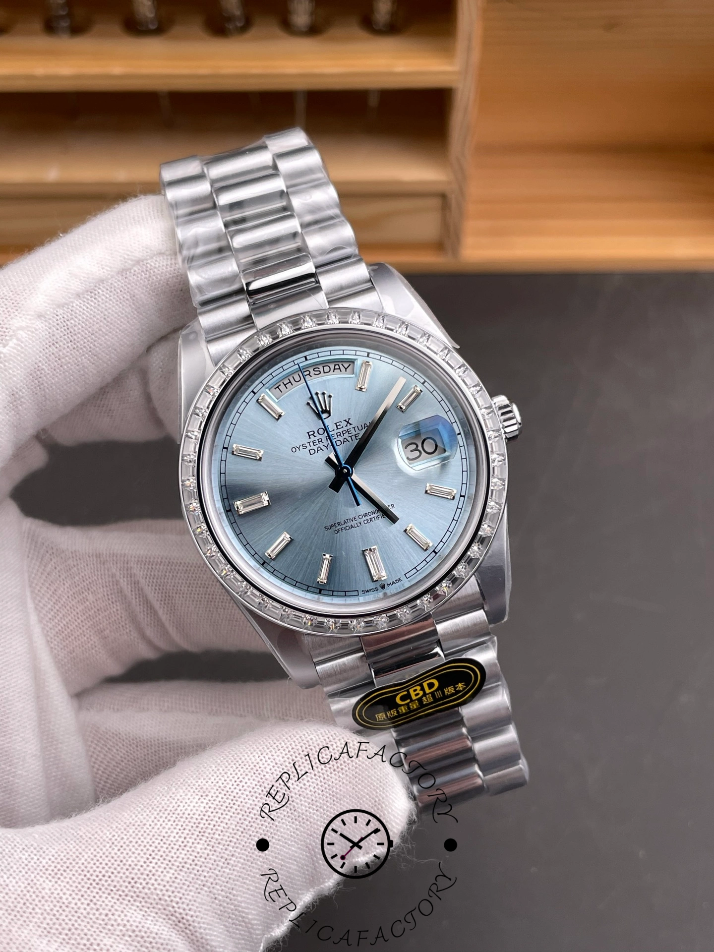 Rolex Day-Date 228396TBR Ice Blue Diamond Dial Diamond Bezel 40mm Mens Replica Watch