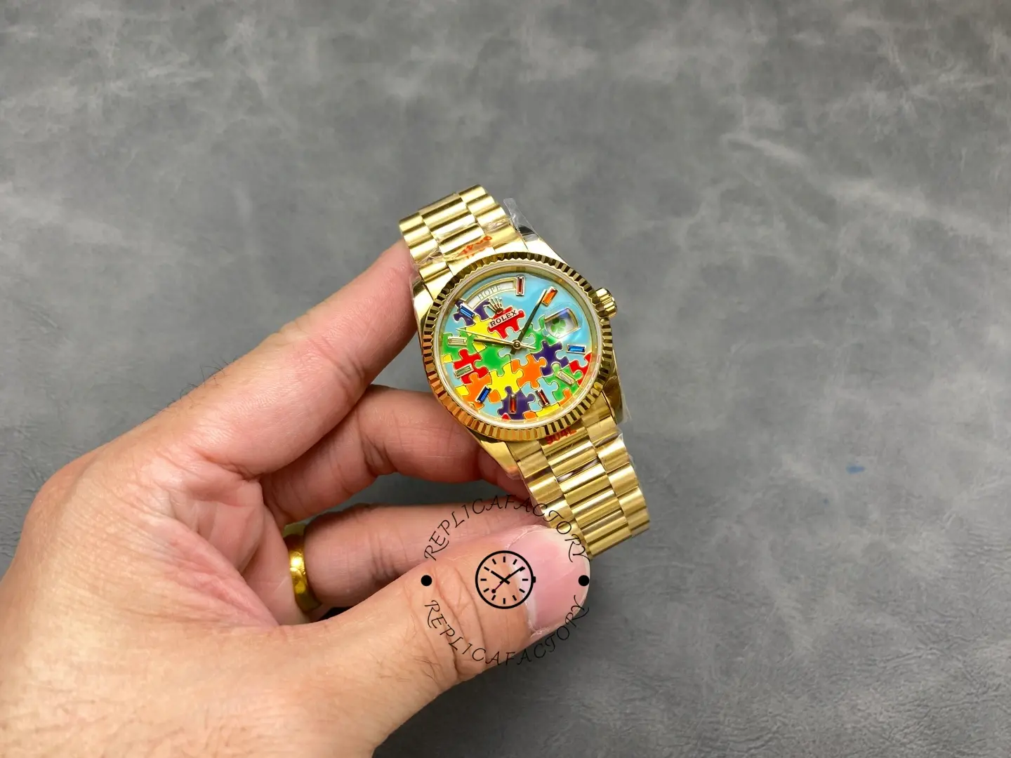 Rolex Day Date 128238-0106 36mm Yellow Gold Fluted Bezel Emoji Puzzle Dial