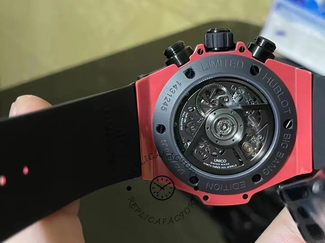Caseback view of Hublot Big Bang Unico Red Magic Ceramic 411.CF.8513.RX showing transparent back.
