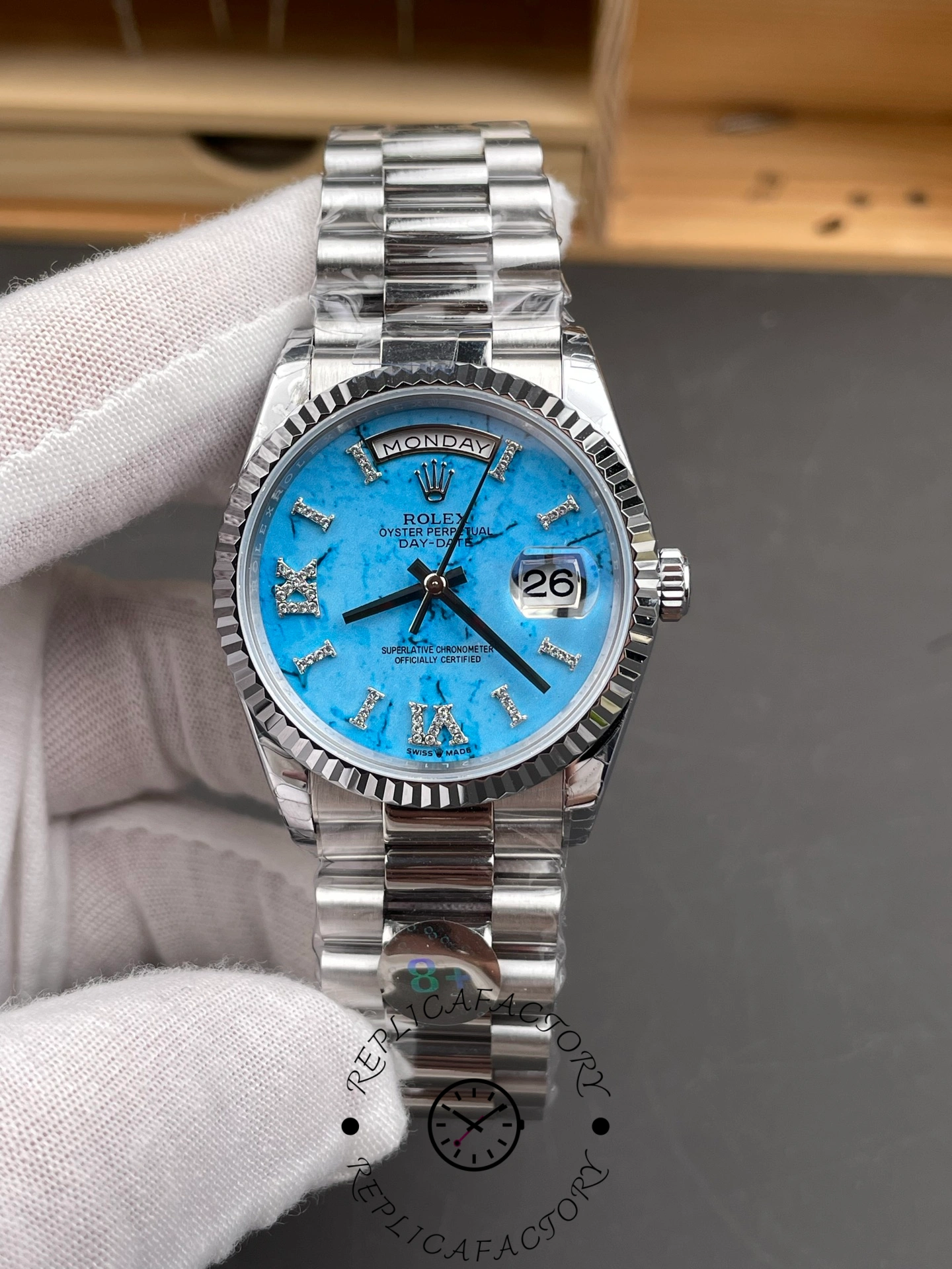 Rolex Day Date 36 Turquoise Diamond-Set Roman Dial 128236 0011
