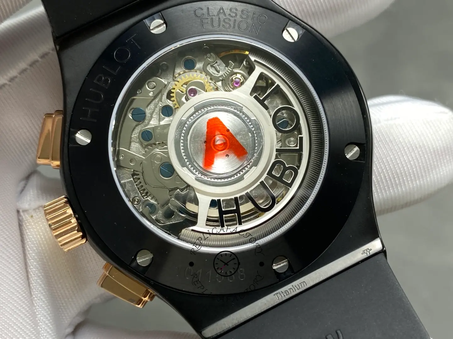 Caseback view of Hublot Classic Fusion 521.CO.1781.RX showing rotor through exhibition back.
