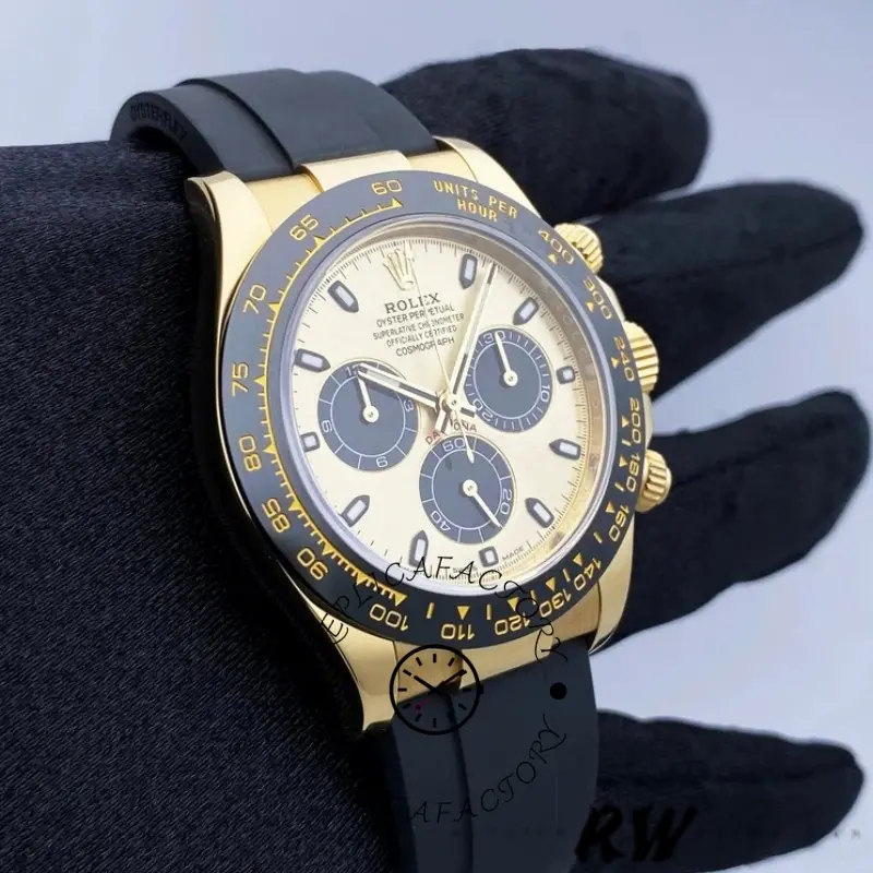 Angled gloved hand view of Rolex Daytona 116518LN with champagne dial and black subdials.
