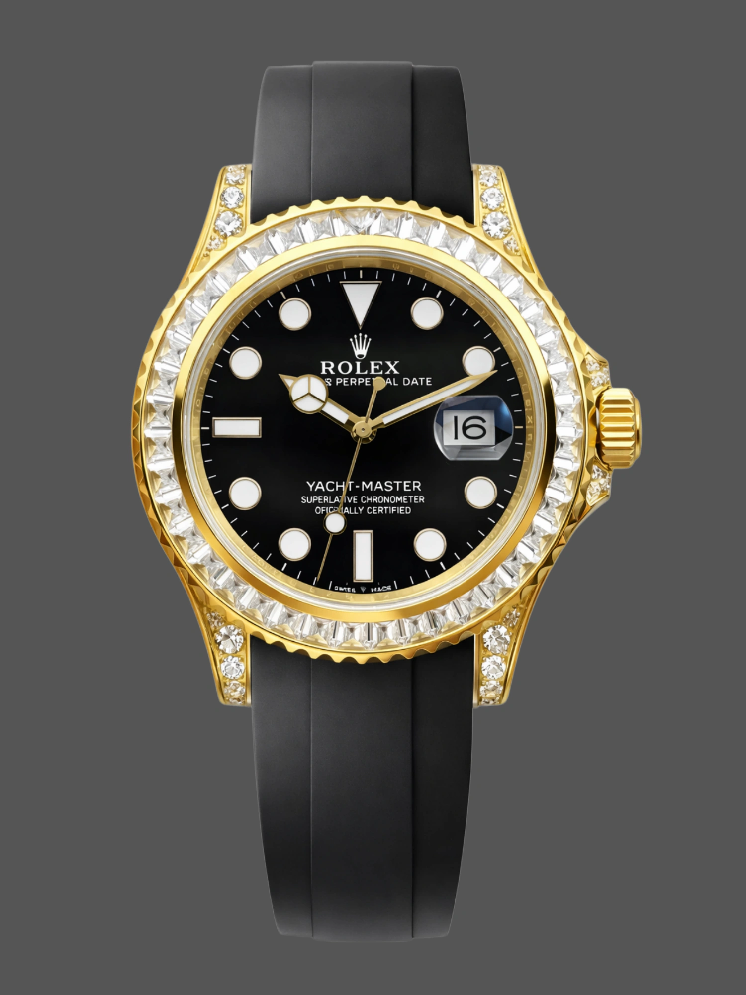 Rolex Yacht-Master 42 226668TBR-0002, full front view with black dial, diamond bezel, and black strap. - Front view