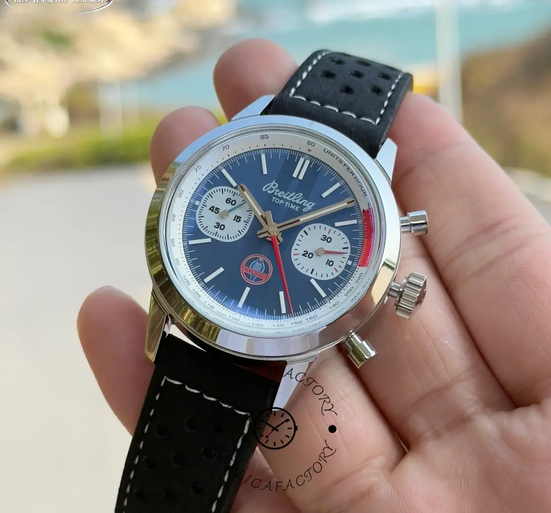 Breitling Top Time B01 Shelby Cobra AB01763A1C1X1, wrist angle showing polished case and black leather strap.