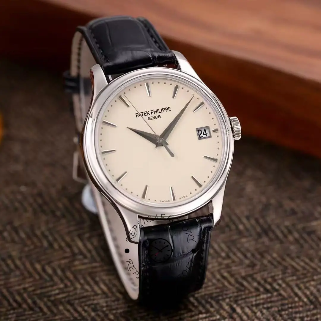 Angled view of the Patek Philippe Calatrava 5227G-001 highlighting the curved lugs and domed crystal.