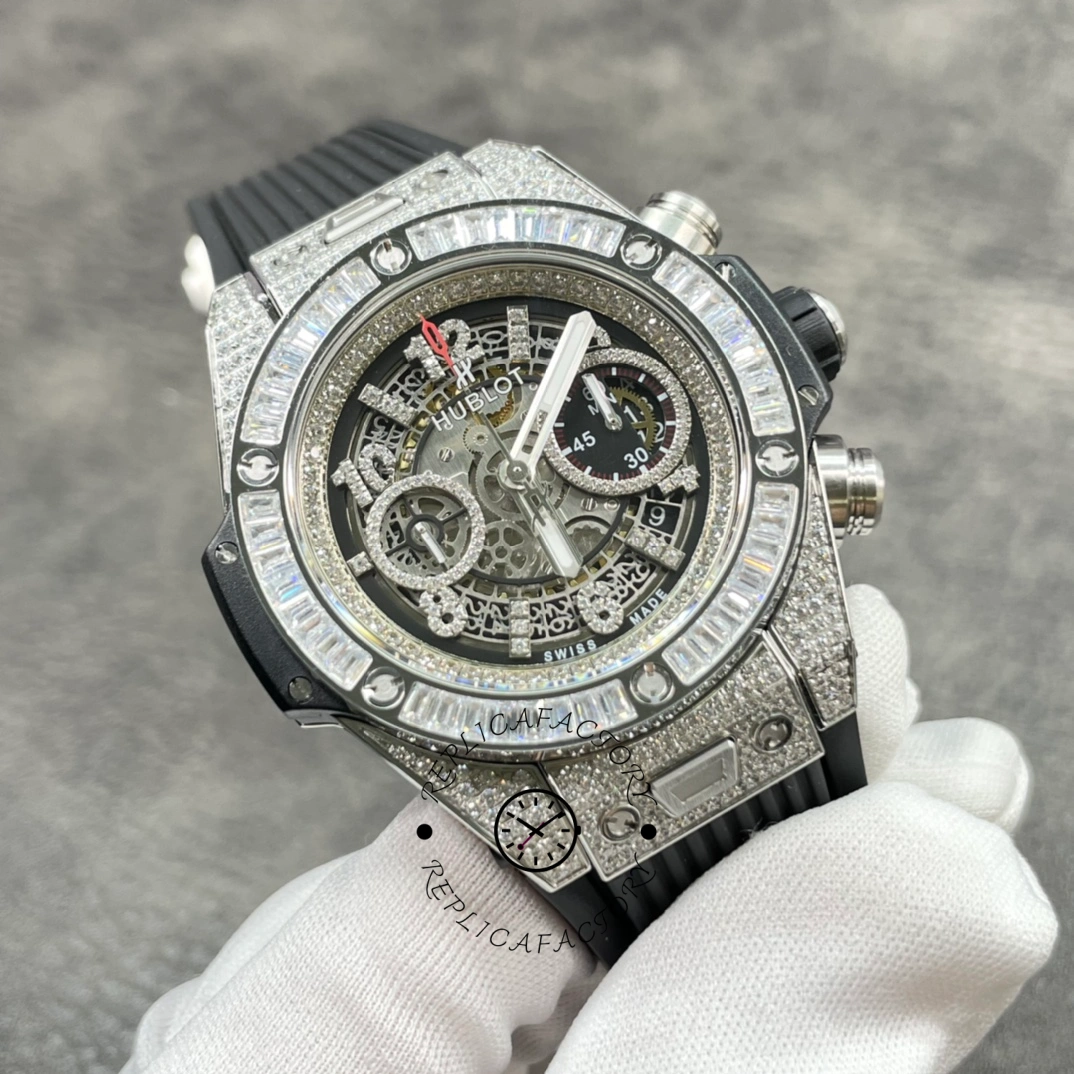 Glove-held close-up of Hublot 411.NX.1170.RX.0904 Big Bang Unico 45mm showing bezel stones and dial.