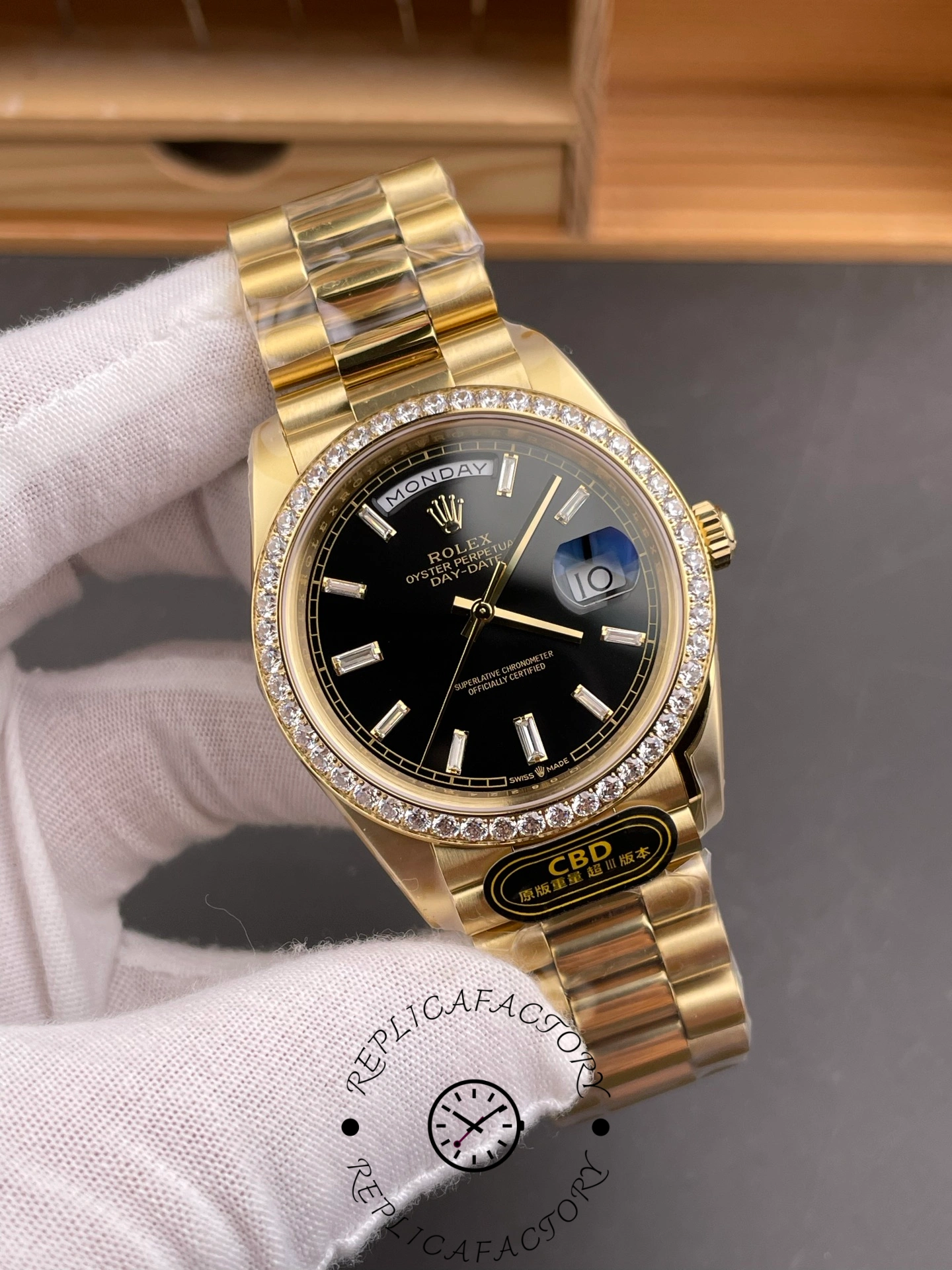 Rolex Day-Date 228348RBR 0039 Black Diamond Dial Diamond Bezel 40mm Mens Replica Watch