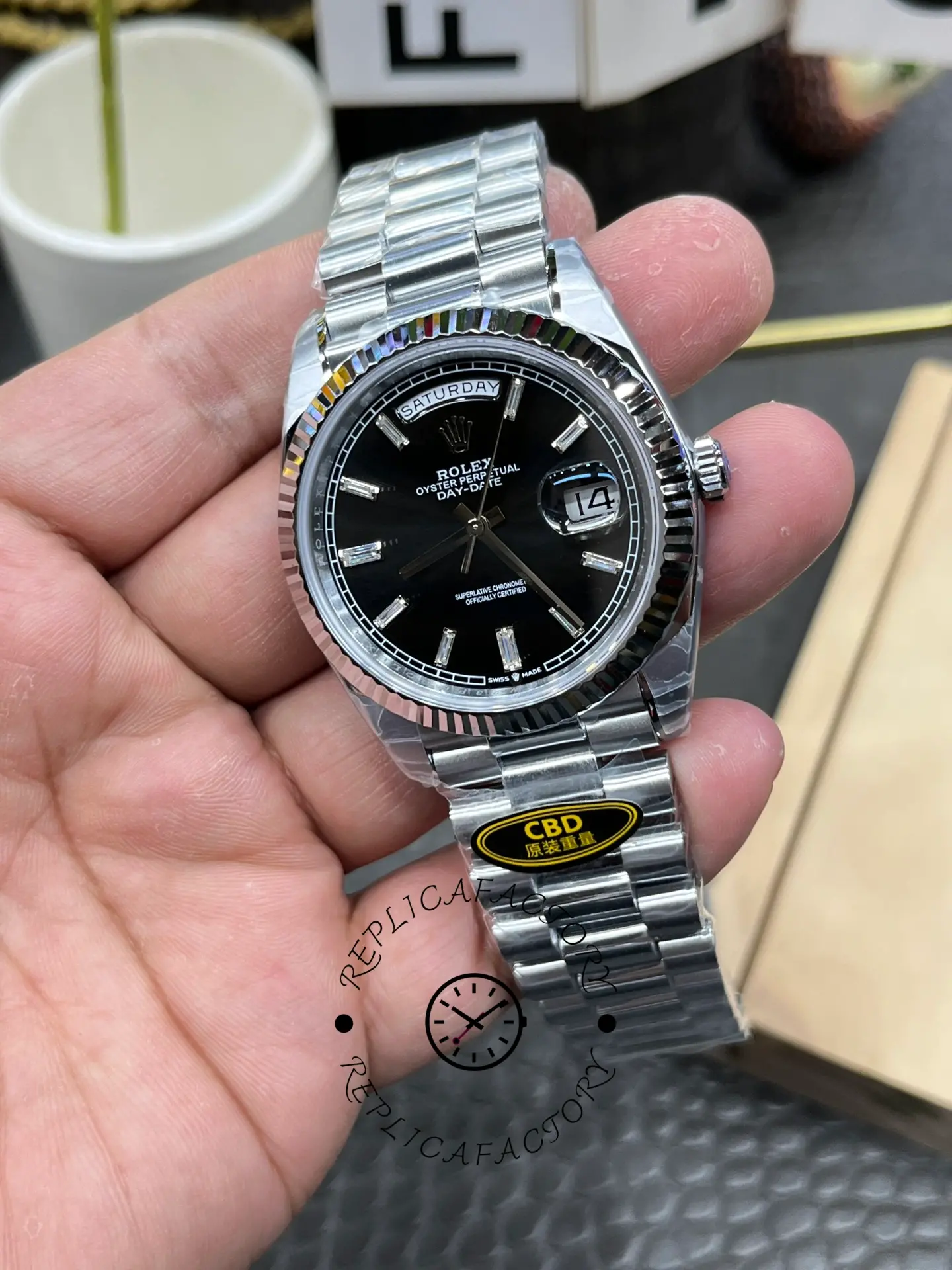 Rolex Day-Date 40mm 228239 0005 Black Diamond Dial Fluted Bezel Mens Replica Watch