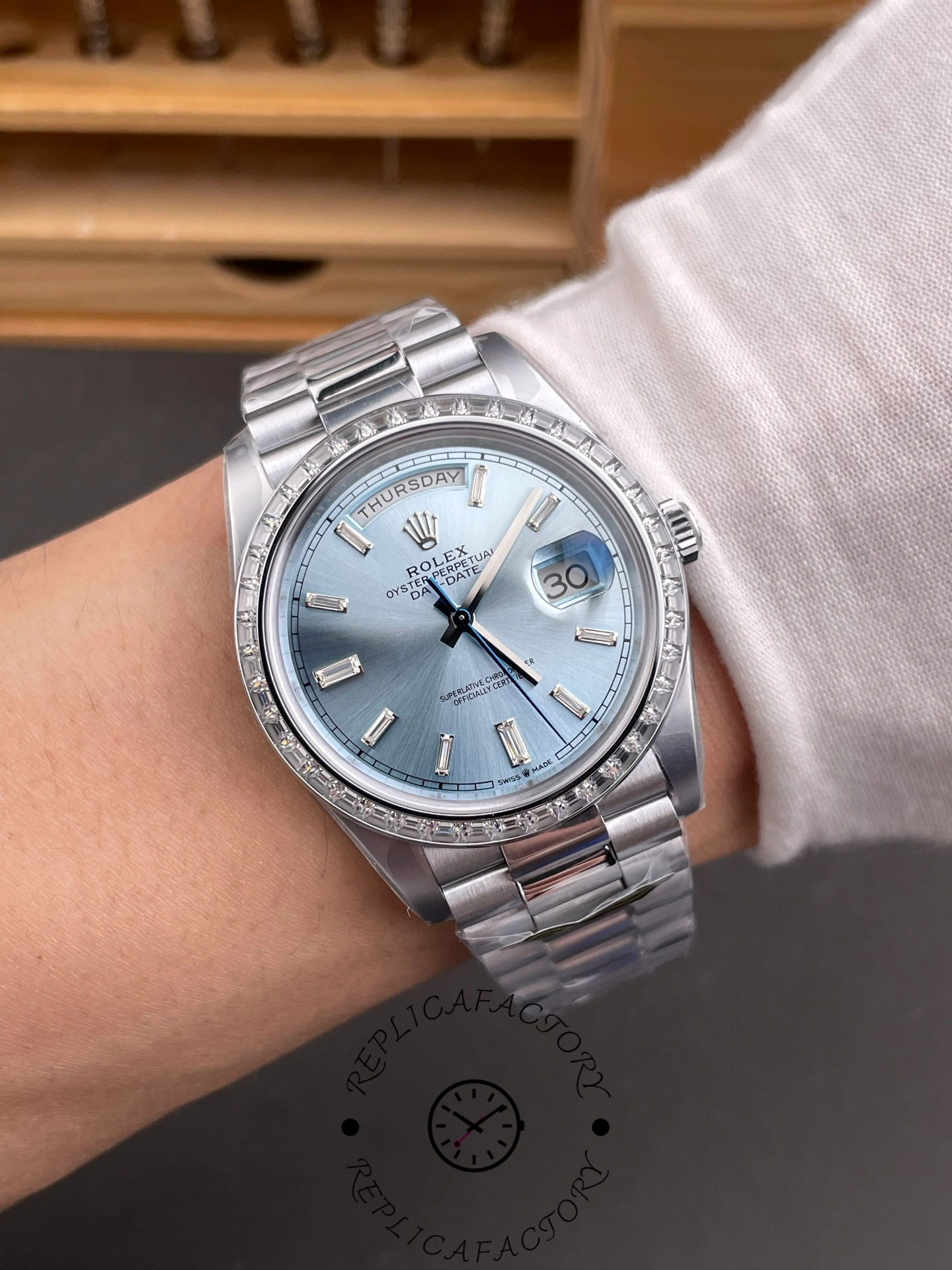 Rolex Day-Date 228396TBR Ice Blue Diamond Dial Diamond Bezel 40mm Mens Replica Watch