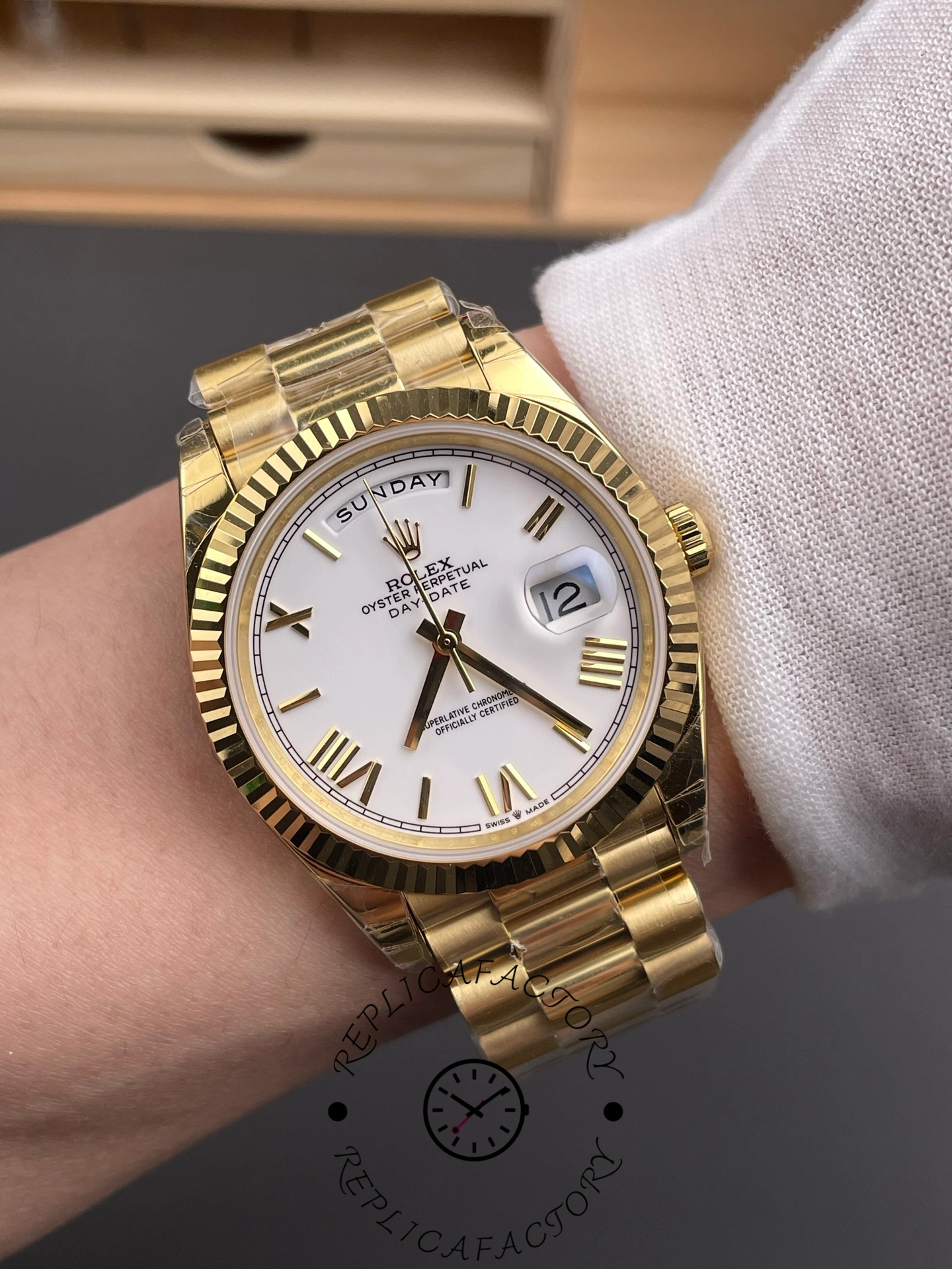 Rolex Day-Date 128238 Fluted Bezel White Roman Dial 36MM Replica Watch